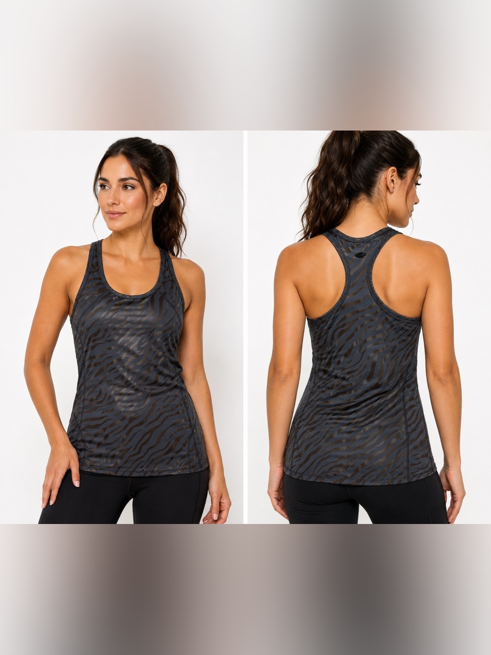 Tahari Sport Zebra Print Racerback Athletic Tank Top Charcoal Gray  NWT